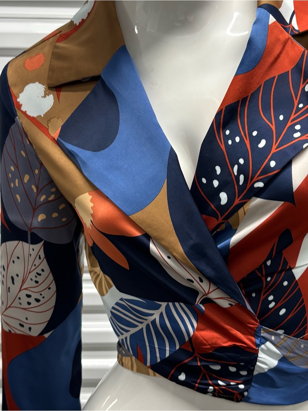 En Saison Satin Wrap Top in Navy, Rust & Gold Dot Print